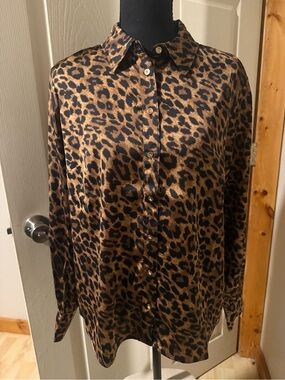 Talbots Leopard Print Satin Button-Up Blouse - Brown & Black, Size LP